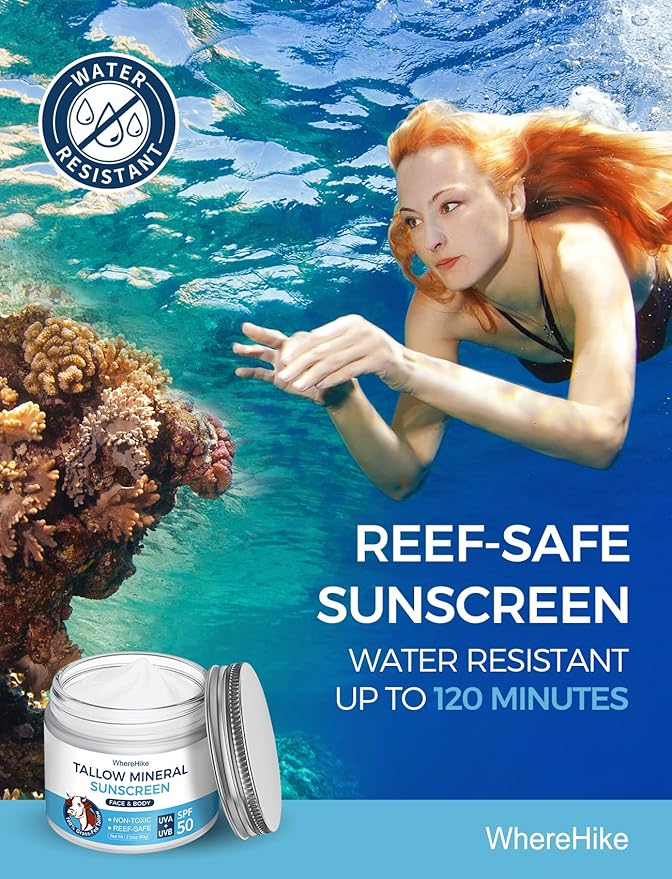 Organic Beef Tallow Sunscreen-SPF 50 with Zinc Oxide,Non-Toxic 2-in-1 Moisturizer & Mineral Sunblock | Reef Safe, Chemical-Free,Lightweight, Clean Formula for Sensitive Skin Natural Sunscreen.