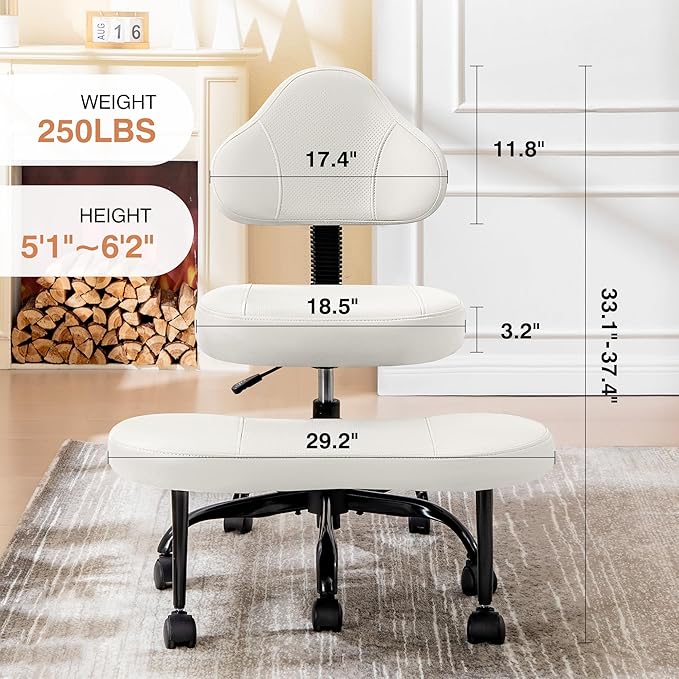 Cross Legged Office Chair, Criss Cross Desk Chair ADHD Meditation Kneeling Yoga Seat with Adjustable Height, Lumbar Support, Wider Footrest and Wheels (White)