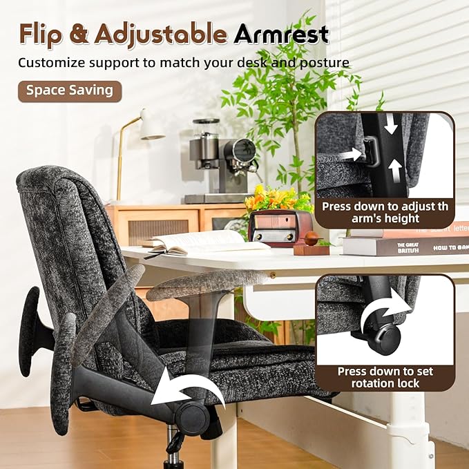 Criss Cross Chair with Wheels & Flip Arms, Wide Cross Legged Office Chair with Adjustable Tilt Criss-Cross Desk Chair with Lumbar Support for Home Office, Bedroom, Apartment Black