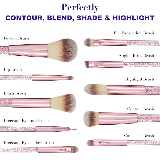 10pc Pro Makeup Brush Set w/Sparkling Gemstones in Pink- 10 Quality Soft Bristle Makeup Brushes For Everyday Use - Professional Makeup Brushes & Tools