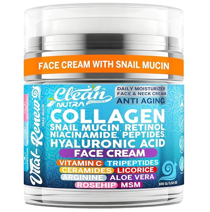 Vital Renew Snail Mucin Collagen Face Cream Daily Moisturizer Retinol Anti Aging Face Cream Niacinamide Peptides Hyaluronic Acid Vitamin C MSM Tripeptides Ceramides Licorice Arginine Aloe Vera