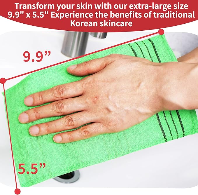 Extra Large Size 9.9" x 5.5" (6 PCs) Korean Asian Exfoliating Bath Washcloths Mitt Scrub for Body washcloth Glove Viscose Rayon Towel for Soft Skin Korea Made