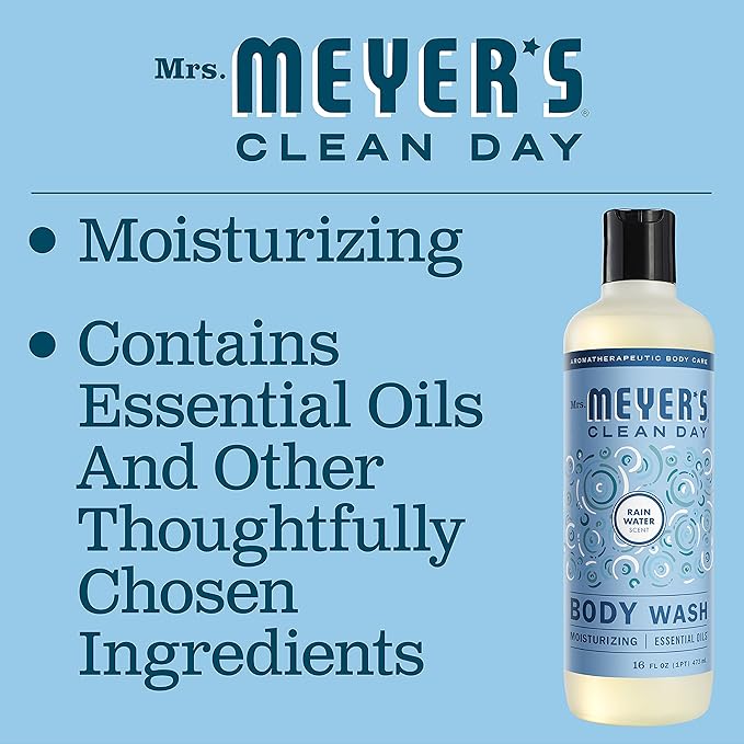 Mrs. MEYER'S CLEAN DAY Moisturizing Body Wash for Women and Men, Shower Gel Formula Made with Essential Oils, Rain Water, 16 oz (Pack of 2)