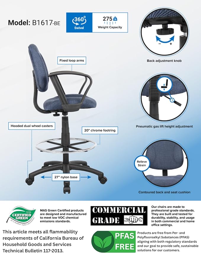 Boss Office Products B1617-BE Ergonomic Works Drafting Chair with Loop Arms in, Blue, Mid-Back