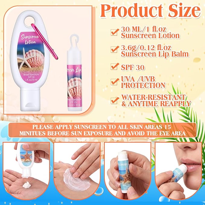 Demissle 24 Sets Mini Sunscreen and Sunscreen Lip Balms Bulk Spf 30 Travel Size with Carabiner Clip-on Lip Balms Packets for Summer Wedding Bridal Baby Shower Party Favors Gifts(Beach)