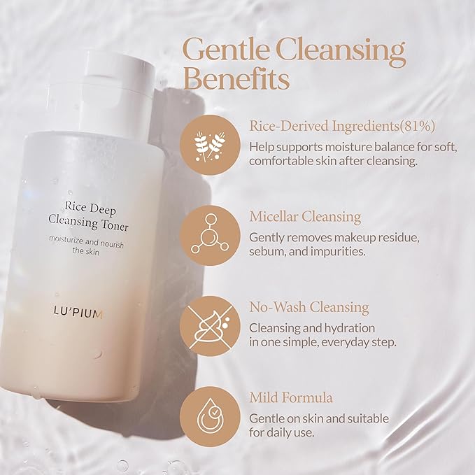 LU'PIUM Rice Deep Cleansing Toner – 81% Rice Bran Water Micellar Formula for Pore Purifying and Hydration with 7 Types of Hyaluronic Acid, Korean No-Rinse Skincare Toner