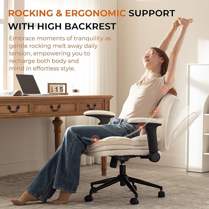Dowinx Criss Cross Chair with Adjustable Flip-up Arms and Wheels, Comfort Ergonomic Office Desk Armchair with 3 Layer Cushions, Wide Seat Vanity Chair for Home Office, Living Room, Bedroom, Beige