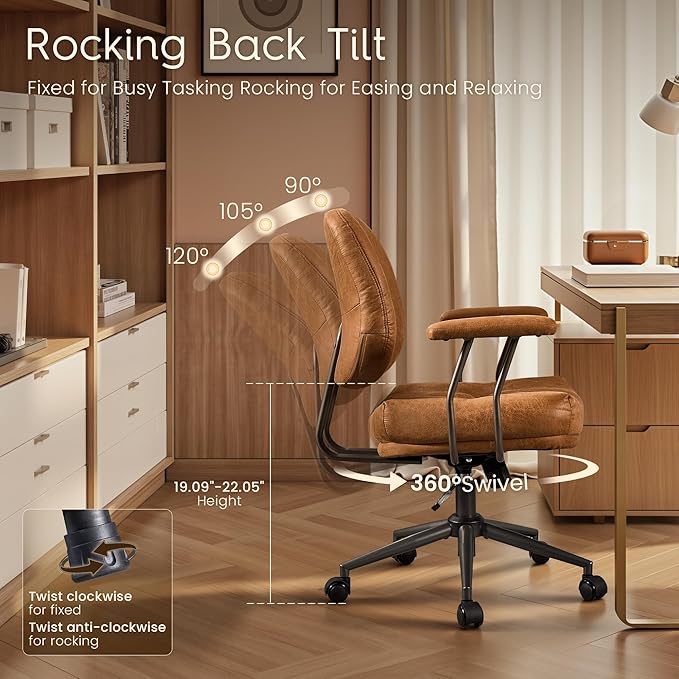HOOOWOOO Ergonomic Office Chair,Mid Century Modern Computer Desk Chair,Comfy Executive Chair with Extra Wide Tufted Cloudy Seat Lumbar Support Rocking Back,Suede Leather Light Brown