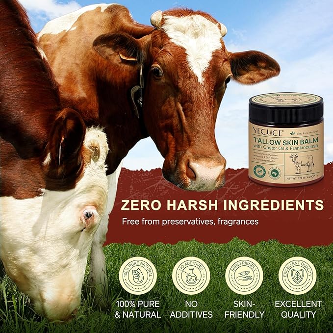 Beef Tallow for Skin with Castor Oil and Frankincense, 4.2 oz Grass-Fed Tallow Cream, Face & Body Moisturizer for Dry Skin