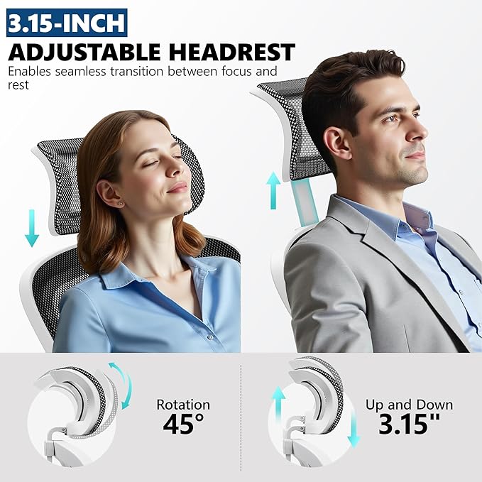 Ergonomic Office Chair, Mesh Desk Chair with Adjustable Headrest & Lumbar Support, Rolling Computer Chair with Flip-up Armrests, Comfy Swivel Home Office Chair for Long Hours - White