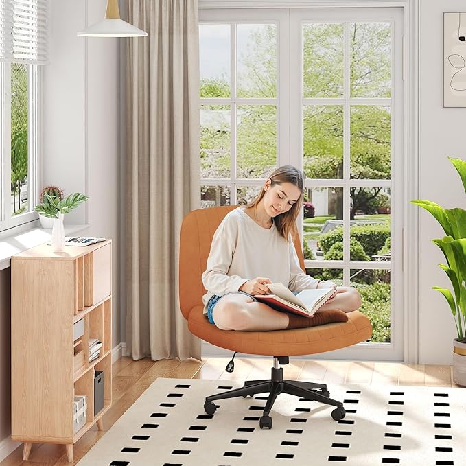 Shintenchi Criss Cross Chair,Cross Legged Office Seat with Wheels Armless Swivel Vanity Chair,Height Adjustable Wide Computer Task Seating for Home Office,PU Leather,Orange