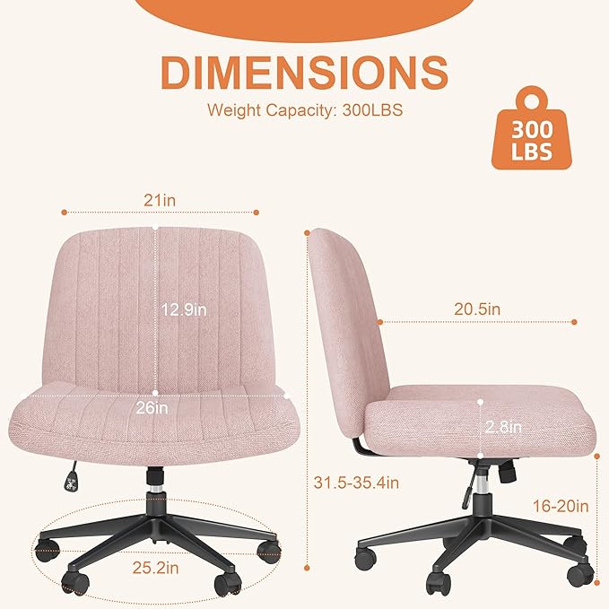 Shintenchi Criss Cross Chair,Cross Legged Office Seat with Wheels Armless Swivel Vanity Chair,Height Adjustable Wide Computer Task Seating for Home Office,Pink ﻿