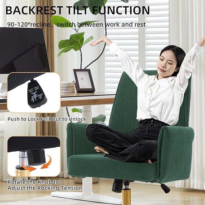 YITAI Stripes Velvet 360°Swivel Desk Chair, Modern Height Adjustable Home Office Armchair with Gold Base and Wheels for Vanity, Comfy Computer Chair for Study Living Room Bedroom（Green）