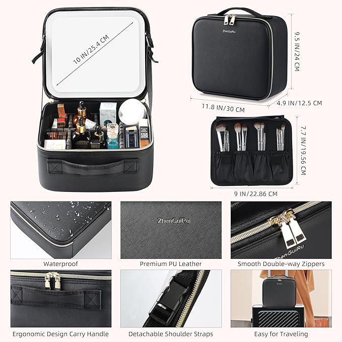 SJD Travel Makeup Bag with LED Mirror, Portable Cosmetic Case Organizer with Lighted Mirror, Waterproof Makeup Case for Cosmetic Brush Holder Storage, Black Toiletry Bag for Women Gift
