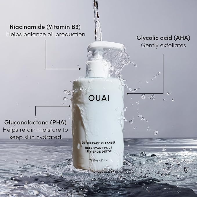 OUAI Detox Facial Cleanser - Deep Cleansing Face Wash with Glycolic Acid, Niacinamide & PHA - Removes Sweat, Dirt & Oil Without Drying - Gentle Face Cleanser for Post-Workout (7.8 Fl Oz) (Pack of 2)