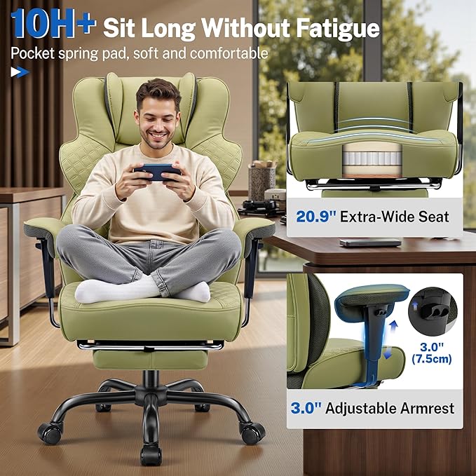 FelixKing Big and Tall Office Chair 500lbs - Ergonomic Desk Chair with Footrest, Scratch-Resistant PU Leather Computer Chair, 4D Lumbar Support Gaming Chair, Comfy Reclining Swivel Work Chair, Green