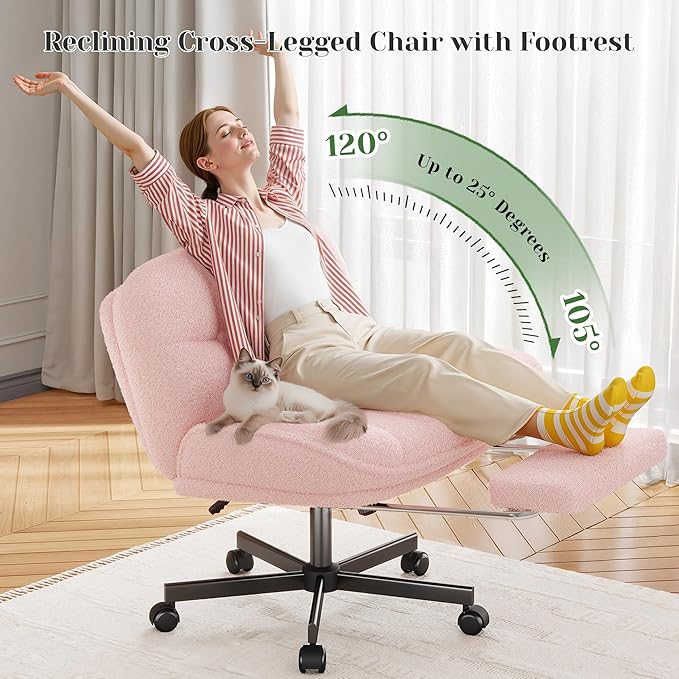 Cross Legged Office Chair with Foot Rest, 6.3" Thick Cushioned Criss Cross Chair with Wheels, Height Adjustable Swivel Vanity Chair for All-Day Comfort (Pink)
