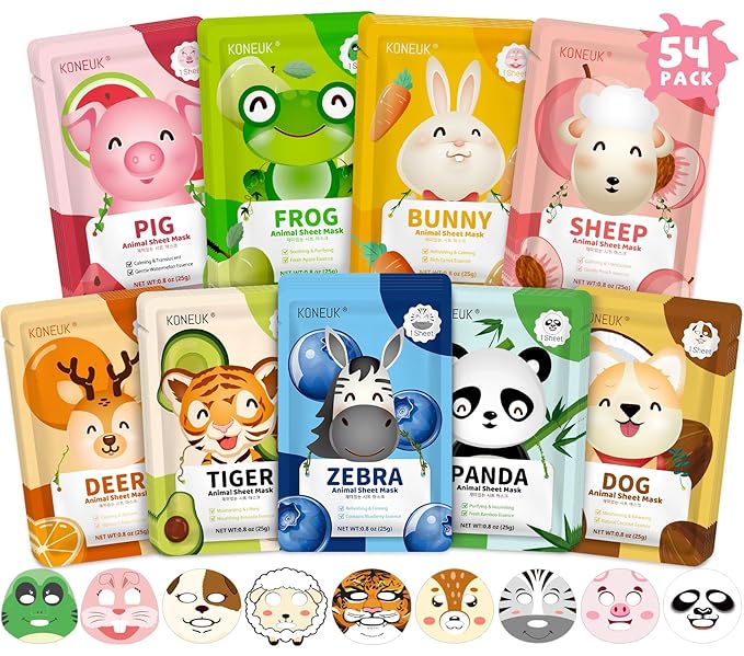 54 Pack Animal Kids Face Mask Spa, Bulk Collagen Hydrating Sheet Face Masks Skincare for Girls Teens, Easter Basket Stuffers, Birthday Gifts, Mothers Day Gifts for Mom