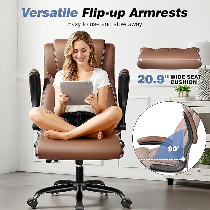 Ergonomic Office Chair - Desk Computer Chair, Leather High Back Executive Chairs with Adjustable Lumbar Support & Flip Up Arms, Brown 2 Pack