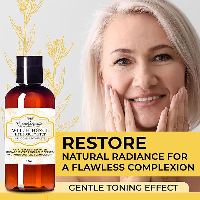 RESURRECTIONbeauty Witch Hazel Hydrosol with Leucidal® SF Complete | Alcohol Free Facial Toner & Witch Hazel Distillate Base Ingredient for Clay Masks & DIY Hyaluronic Acid Serum, 4oz