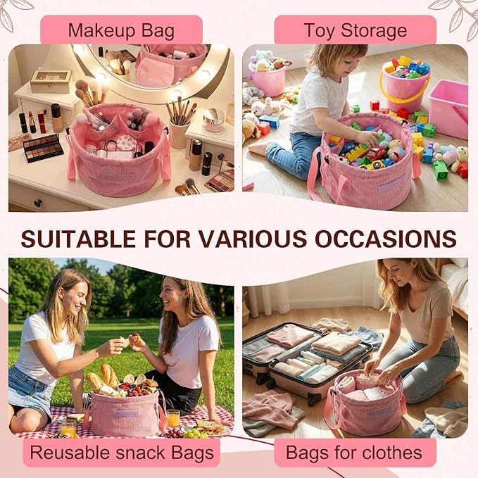 makeup bag lay flat Lay Flat Barrel Drawstring Corduroy Makeup Bag for Women Portable Open-flat Large Capacity Travel Cosmetic Organizer, Skincare & Brush Storage(Pink)