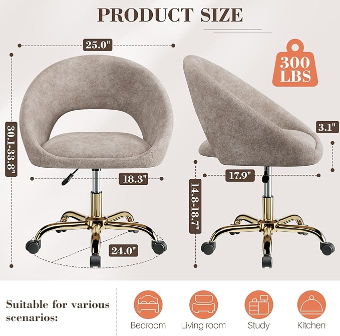 Vanity Chair with Wheels, Waterproof Modern Makeup Vanity Chairs with Back Adjustable Height, Comfy Cute Home Office Desk Chairs for Bedroom, Living Room (Khaki)