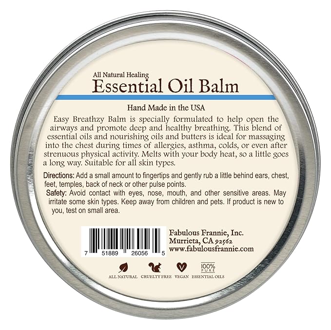 Fabulous Frannie Easy Breathzy All Natural Essential Oil Healing Balm made with Sunflower Oil, Coconut Oil, Shea Butter, Beeswax, Soy Wax, Aloe Vera and Pure Essential Oils 3.5oz Tin
