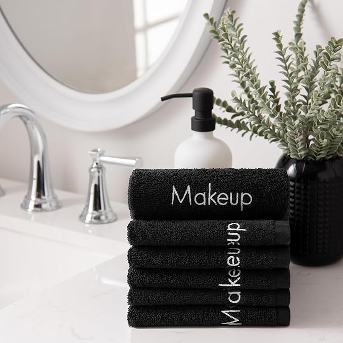 Arkwright Makeup Remover Cloths 6 Pack - 100% Cotton Face Towels, Soft Reusable Washcloths, Gentle Facial Cleansing for Waterproof Makeup, 13 x 13, Black