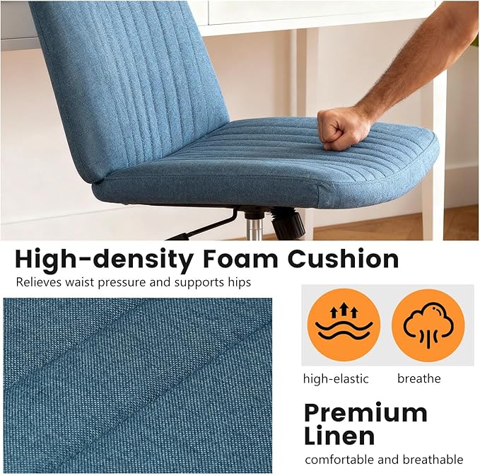 FDW Criss Cross Chair with Wheels Cross Legged Office Desk Modern Swivel Height Adjustable Wide Seat Computer Task Vanity Chair Comfy Fabric Armless Seating for Home Office