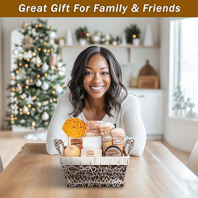 Spa Baskets For Women - Luxury Bath Set With Honey & Almond - Spa Kit Includes Wash, Bubble Bath, Lotion, Bath Salts, Body Scrub, Hand Cream, Shower Puff, Bathbombs, Soap and Towel