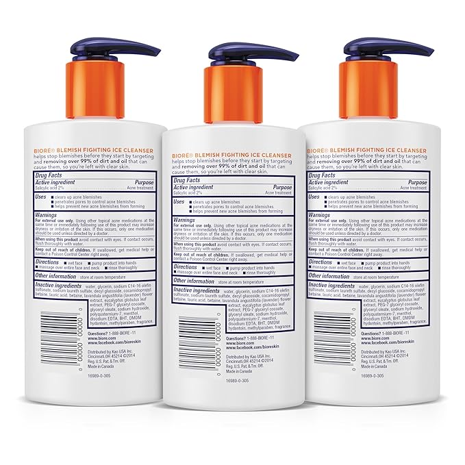 Biore Blemish Fighting Ice Cleanser Face Wash with Salicylic Acid, Clears and Helps Prevent Acne Breakouts, Cools & Refreshes Skin, Oil Free, 6.77 Oz (Pack of 3)