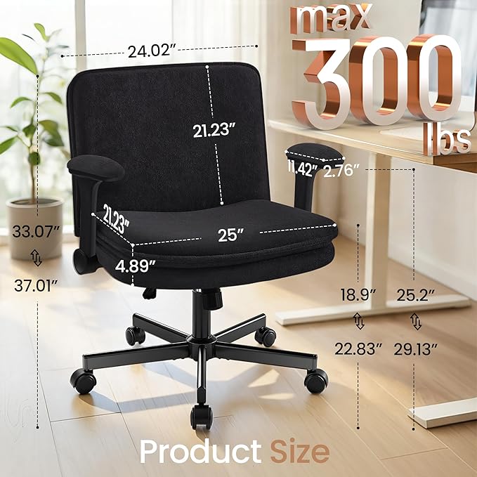 Criss Cross Office Chair with Wheels - Wide Seat Criss Cross Desk Chair with Flip-up Arms and Thick Cushion - Comfy Tilting Swivel Rolling Vanity Chair for Home Office Bedroom Apartment