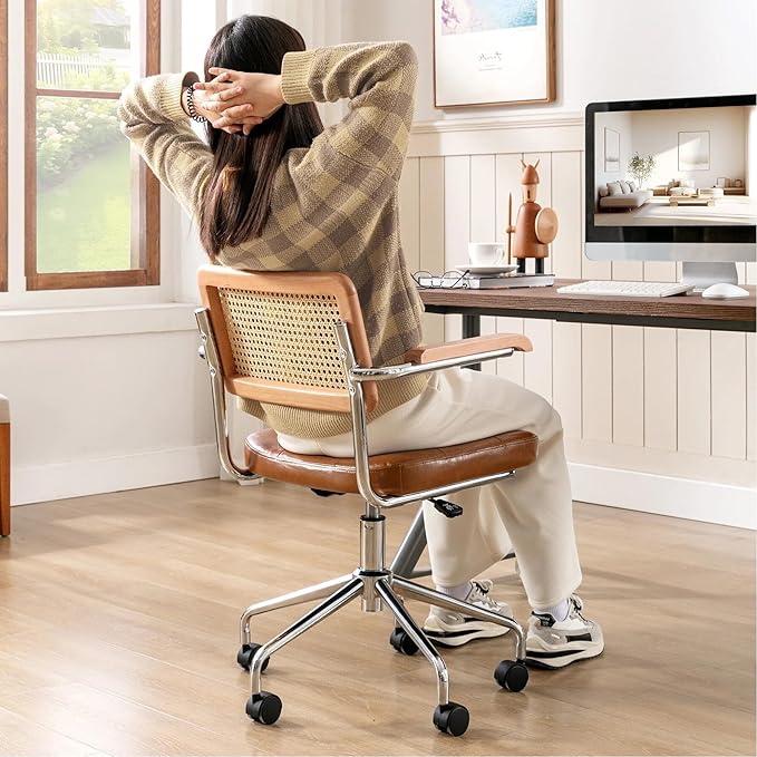 Zesthouse Leather Office Desk Chair with Wheels, Mid Century Rolling Desk Chair with Wood Arm & Natural Rattan Back, Modern Swivel Home Office Chair, Small Height Adjustable Computer Task Chair, Brown