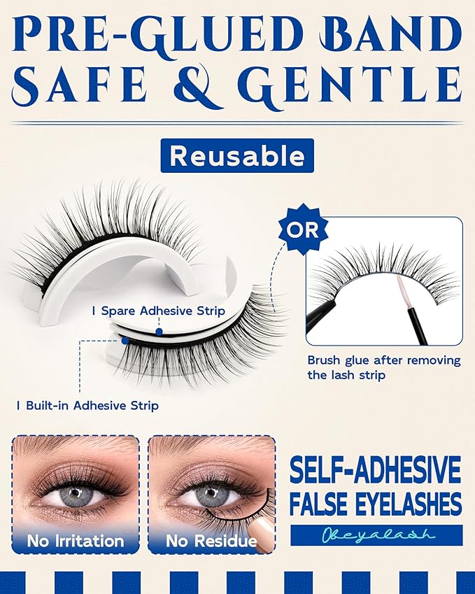 Obeyalash Waterproof Reusable Self Adhesive Eyelashes Natural Look,Doll Eye 10mm, 5 Pairs Stick on False Eyelashes,Pestañas Postizas Naturales,Pre Glued Lashes,Press on False Lashes,Wispy Strip Lashes