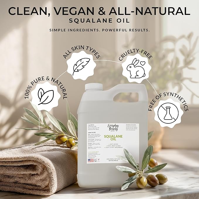 Squalane Oil Bulk- 32 oz 100% Pure & Natural Plant Derived Facial Oil - Cold Pressed and Unrefined Premium Grade Multipurpose Moisturizing Oil For Skin and Hair