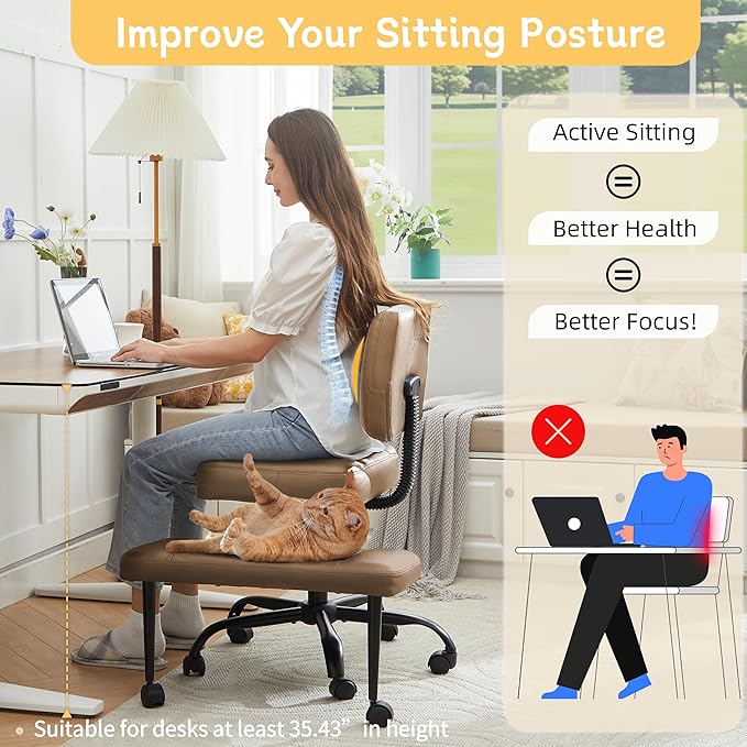 Criss Cross Legged Office Chair with Wheels,Swivel Meditation Chair for ADHD,Ergonomic Cross Legged Desk Chair with Thicken Adjustable Footstool,PU Sitting Fidgeting Kneeling Chair for Home Yoga Brown