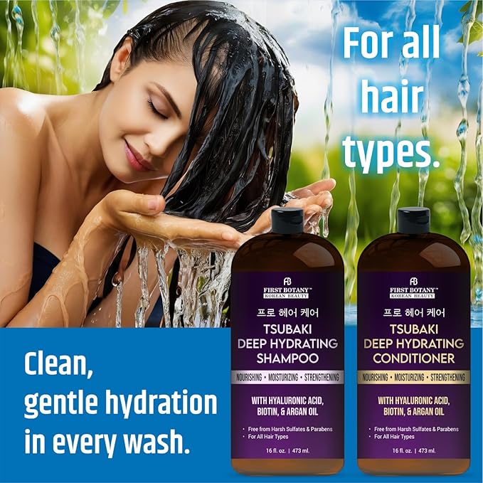 Korean Tsubaki Deep Hydrating Shampoo & Conditioner Set – With Hyaluronic Acid, Biotin & Argan Oil – Nourishing, Moisturizing – Sulfate & Paraben Free – For All Hair Types, 16 fl oz