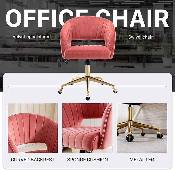 Home Office Chair Swivel Velvet Desk Chair Accent Armchair Upholstered Modern Tufted Chairs with Gold Base for Girls Women Ergonomic Study Seat Computer Task Stools for Living Room(Rose)