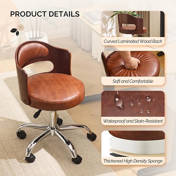 VINGLI Armless Home Office Desk Chair, Adjustable Swivel Chair,Dual-Use with/no Wheels,Small Retro Designed Walnut Curved Task Chair,Cushioned Nail Tech Chair for Study Area,Workspace,PU,Brown
