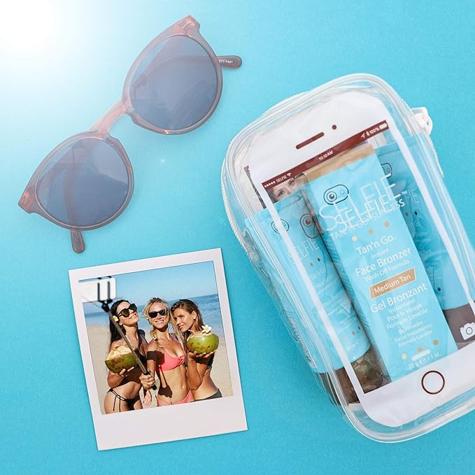 Selfie Tan'n Go Mini Travel Kit (Instant Face Bronzer 1 oz, Gradual Tanner 2 oz, 2 Hour Sunless Lotion 2 oz) Rich & Exotic Natural Looking Instant Tan For Body and Face & All Skin Types, 1 Kit Each