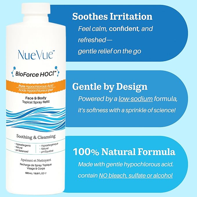 BioForce HOCl Pure Hypochlorous Acid Spray Refill for Face & Body (16.9 Oz) - Acne-Prone Skin & Eczema, Piercing aftercare, Made in Canada, Gentle Skin Cleanser & Toner, pH Balanced, Non-comedogenic