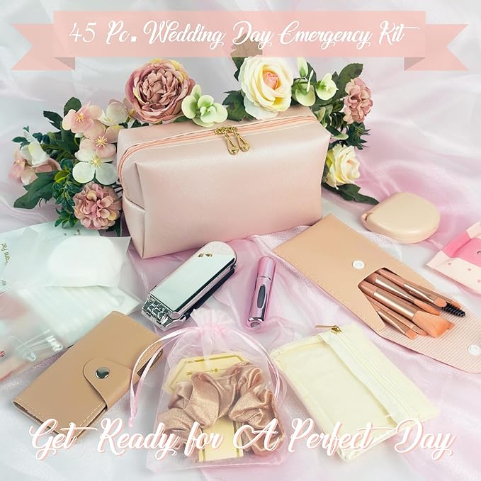 Women's Wedding Emergency Travel Kit 45 Essential Items for Brides Bridesmaid All-In-One Daily Beauty Style Set With Makeup Brushes (Sakura Pink)