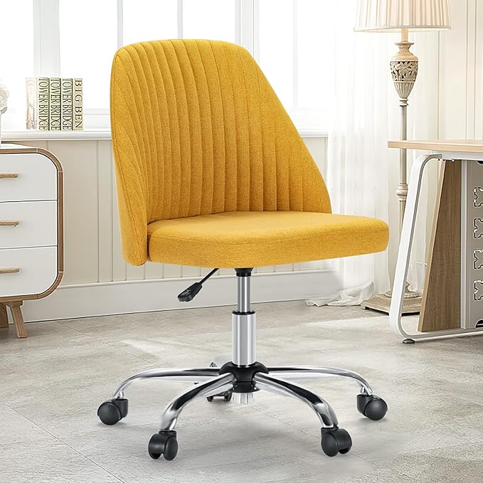 DUMOS Office Chair, Comfy Desk Chair Rolling Vanity Swivel Task Chairs with Wheels, Wide Seating Armless Height Adjustable Computer Chairs for Home,Bedroom,Student,Adults, Dark Yellow