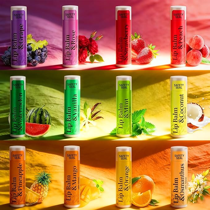 126 Pcs Lip Balm Bulk- 12-Flavored Natural Organic Moisturizing Lip Balm Set for Cracked Lips, Bulk Pack Valentine Party Favors Gifts (4.2g/0.15oz)