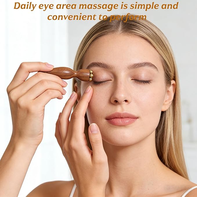 2Pcs Facial Massage Tool for Eye Massage Reduce Puffiness and Dark Circles Facial Meridian Brush Sandalwood Handle Copper Massage Beads Chinese SPA Gua Sha Tool (Sandalwood)