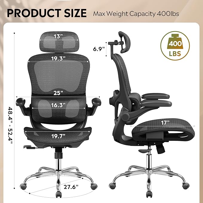 DEVAISE Ergonomic Mesh Home Office Desk Chair with Lumbar Support, High Back Reclining Computer Gaming Chair with Flip-up Armrests, 3D Headrest, Tilt Lock, Heavy Duty, SGS Class 4 Gas Lift, Black