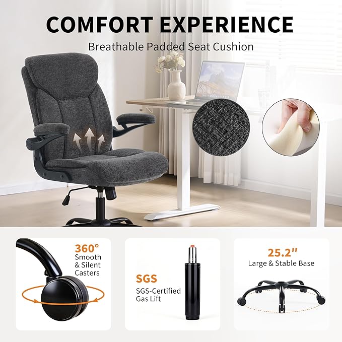 Home Office Ergonomic Desk Chair - Comfy Leather Executive Chair with Flip-Up Armrests, Lumbar Support, 360° Swivel & Rocking (Grey)