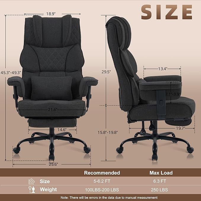 Vonesse Big and Tall Office Chair, Computer Chair with Soft Adjustable Armrests, Ergonomic Gaming Chair with Breathable Linen Design, Executive Chairs with Footrest (Linen Fabric, Classic Black)