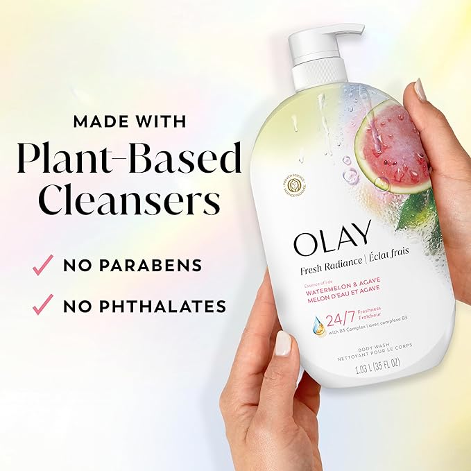 Olay Body Wash for Women, Fresh Radiance, 24/7 Skin-Loving Freshness, Visibly Radiant, Plant Based Cleansers, Vitamin B3 & Antioxidant Blend, For All Skin Types, Watermelon & Agave Scent, 35 fl oz