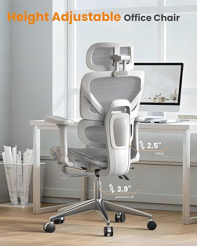 naspaluro Ergonomic Office Chair, High Back Mesh Desk Chair, 350lbs Capacity, Lumbar Support, 3D Armrest Headrest, Footrest, PU Wheels, Swivel Computer Chair for Home Office, Work & Gaming